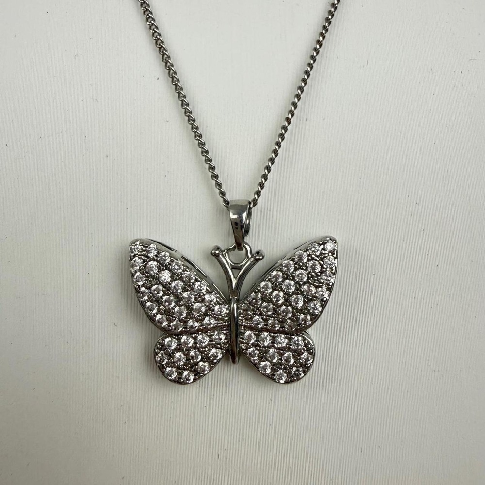 Butterfly Rhinestone Necklace Pave Pendant Silver Tone Y2K Fairycore Design